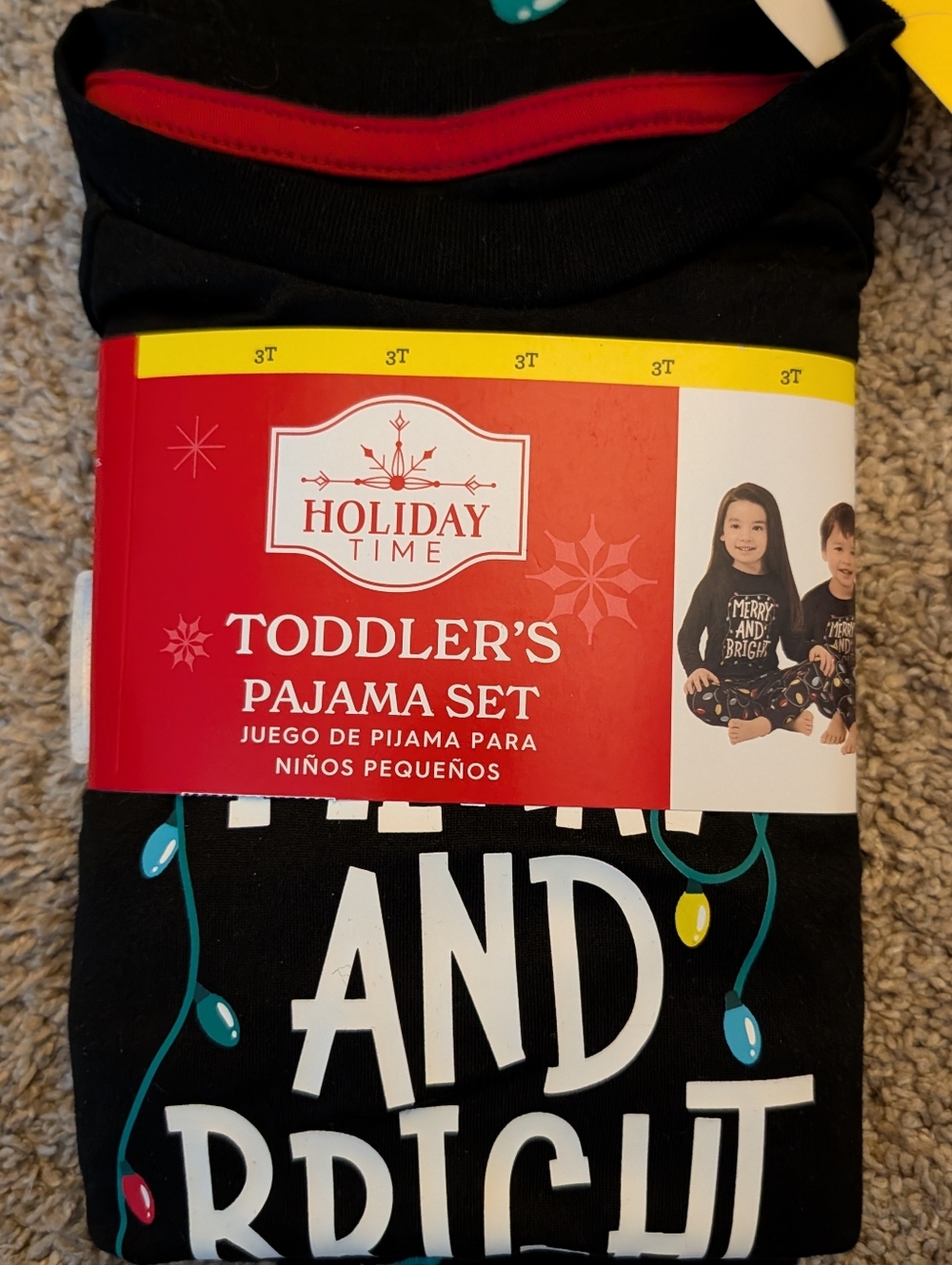 Holiday Time Black and Red Toddler Pajama Set with Holiday Lights NWT 3T